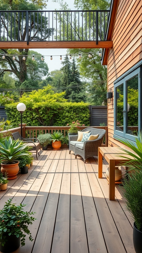 A beautiful backyard with a composite deck, surrounded by lush greenery and outdoor furniture.