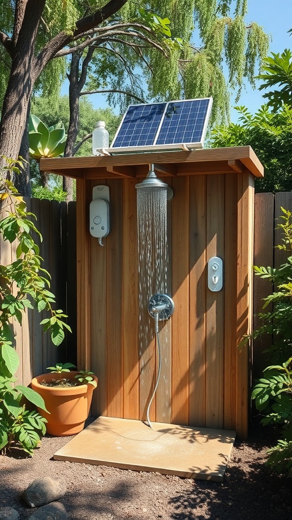 An eco-friendly outdoor shower with a wooden structure, solar panel, and plants.