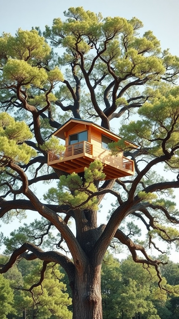 A wooden treehouse nestled in a large tree, surrounded by green foliage.