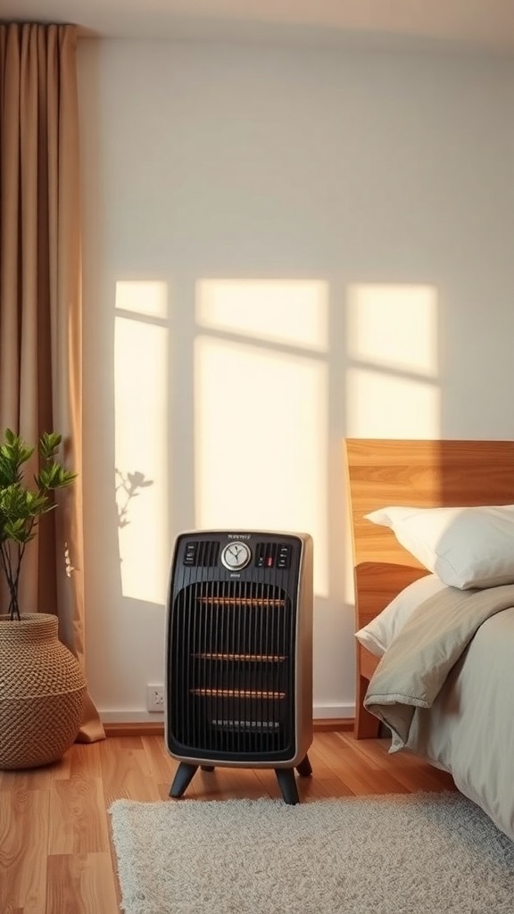 A cozy bedroom with a space heater beside the bed, sunlight casting shadows on the wall.