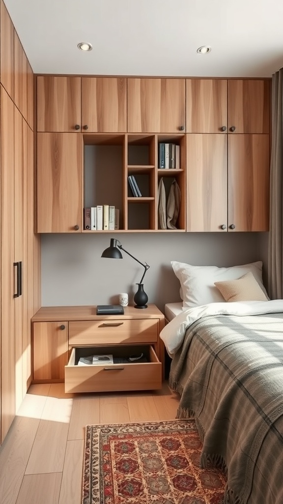 A cozy shared bedroom with efficient storage solutions, featuring built-in cabinets, open shelving, and a nightstand.