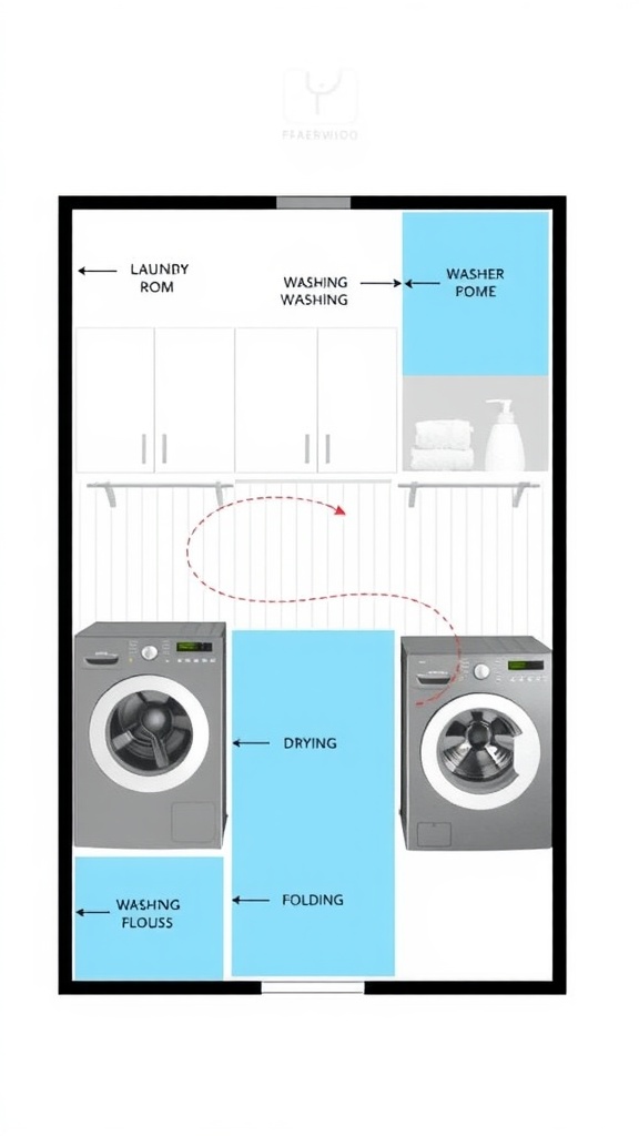 Illustration of a laundry room layout with designated areas for washing, drying, sewing, and folding clothes.