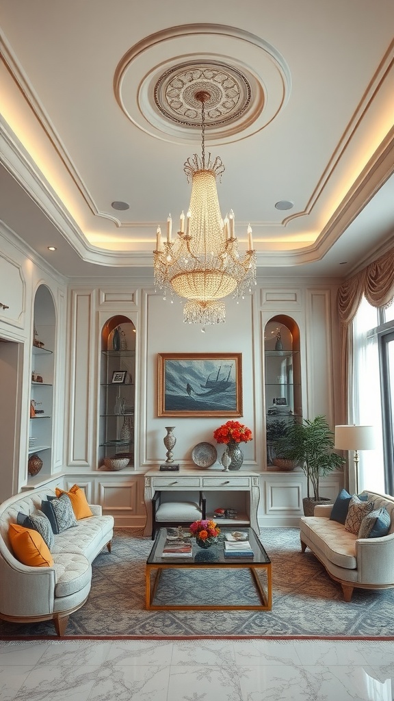 A stylish living room featuring a luxurious chandelier, elegant sofas, and tasteful decor.