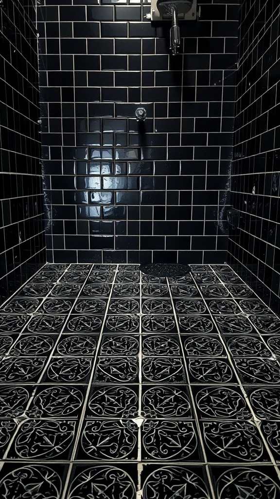 A dark tiled bathroom showcasing intricate black tile patterns on the floor and sleek black wall tiles.