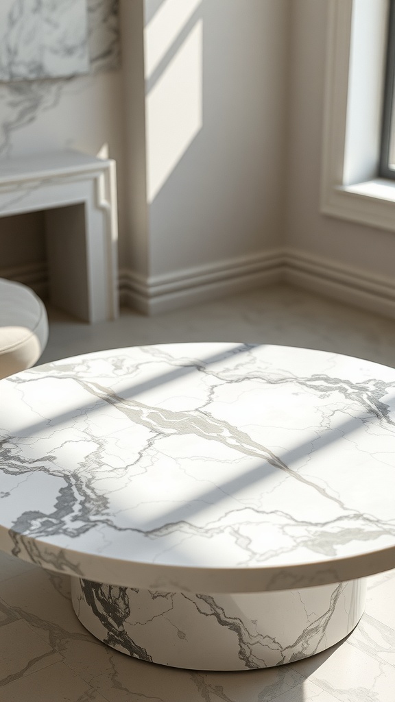 A marble coffee table with intricate veining and a smooth surface, illuminated by natural light.