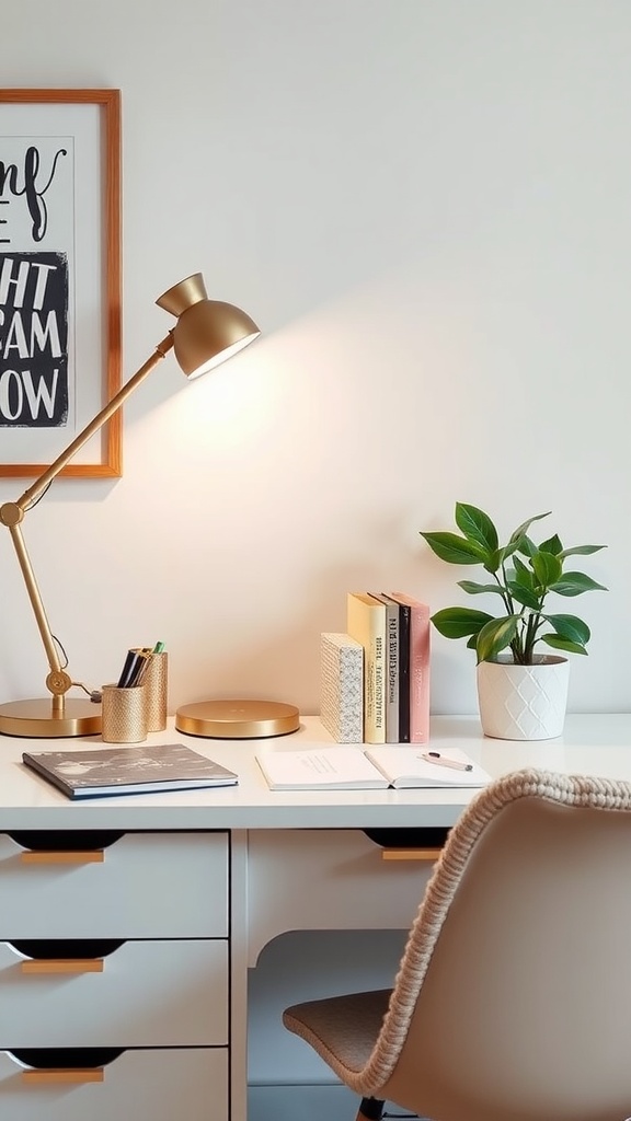 A stylish desk with a lamp, books, a plant, and organized accessories.