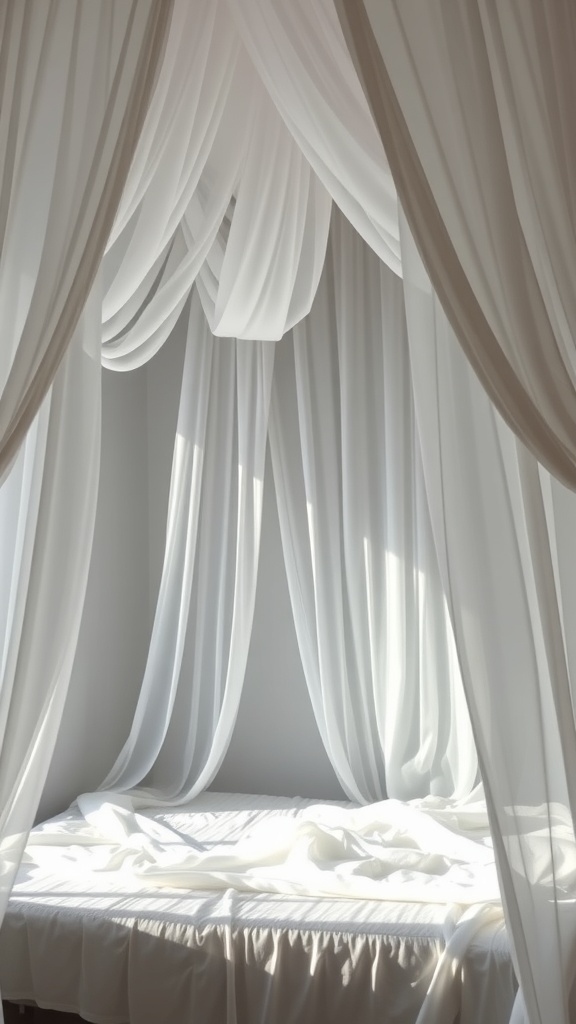 A beautifully draped canopy over a bed, featuring soft white fabric that creates a serene and elegant atmosphere.