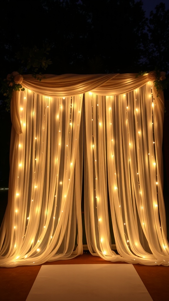 Wedding backdrop with draped white fabrics and fairy lights