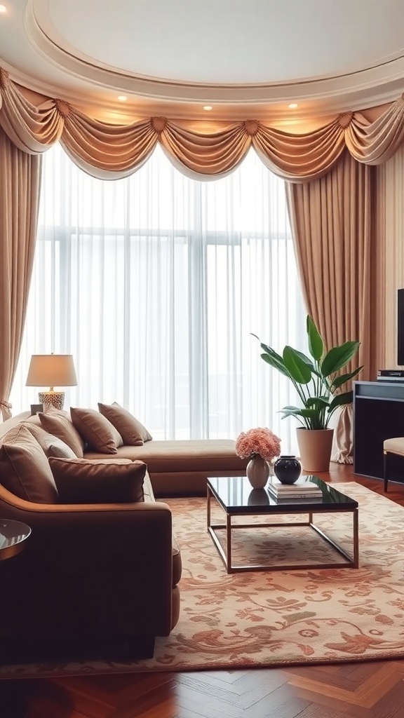 A stylish living room featuring elegant drapes, a cozy sofa, and a decorative coffee table.