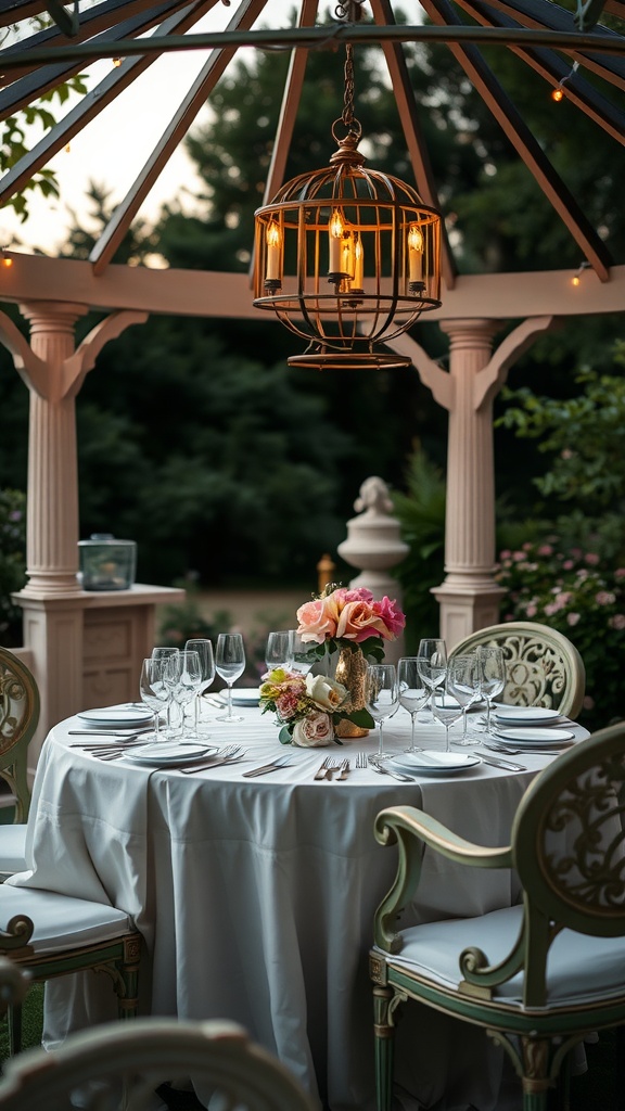 An elegant outdoor dining setup under a gazebo with a round table, floral centerpiece, and hanging light fixture.