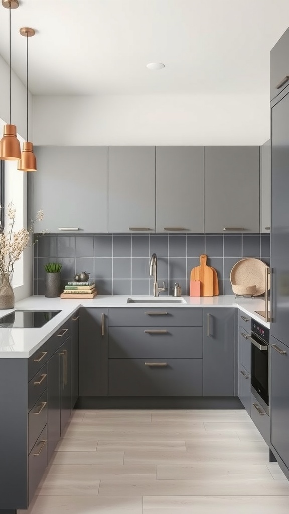 Modern kitchen featuring gray cabinets, white countertops, and stylish pendant lights.