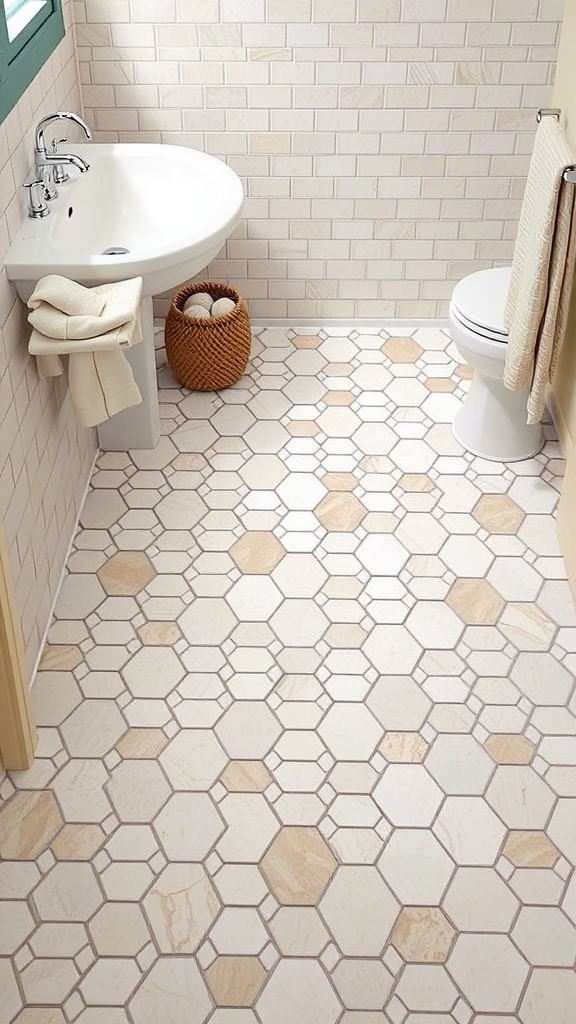 A bathroom featuring elegant hexagon tiles in soft white and beige tones, with a white sink and toilet.