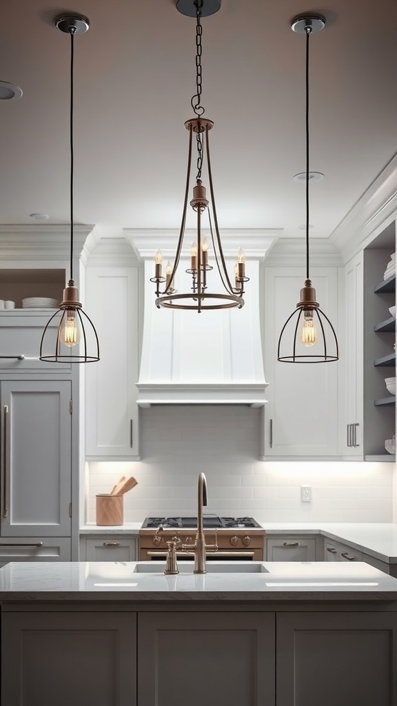 A modern kitchen featuring a chandelier and pendant lights.