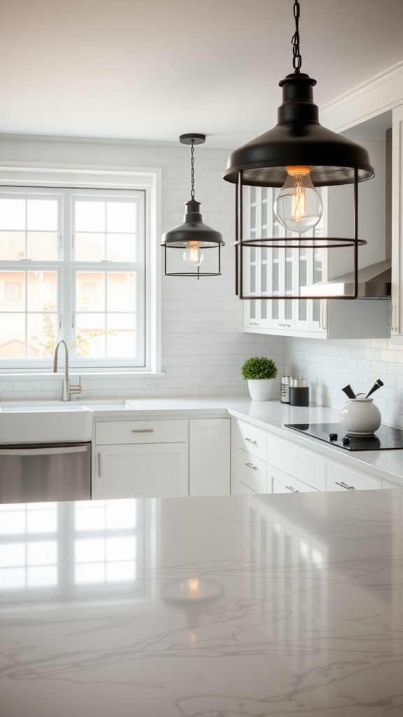 Two stylish black pendant lights hanging in a modern white kitchen with a bright ambiance.