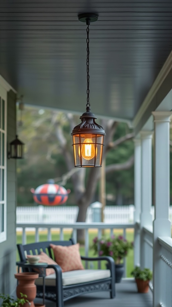 A stylish pendant light hanging on a porch, providing warm light in a cozy setting.