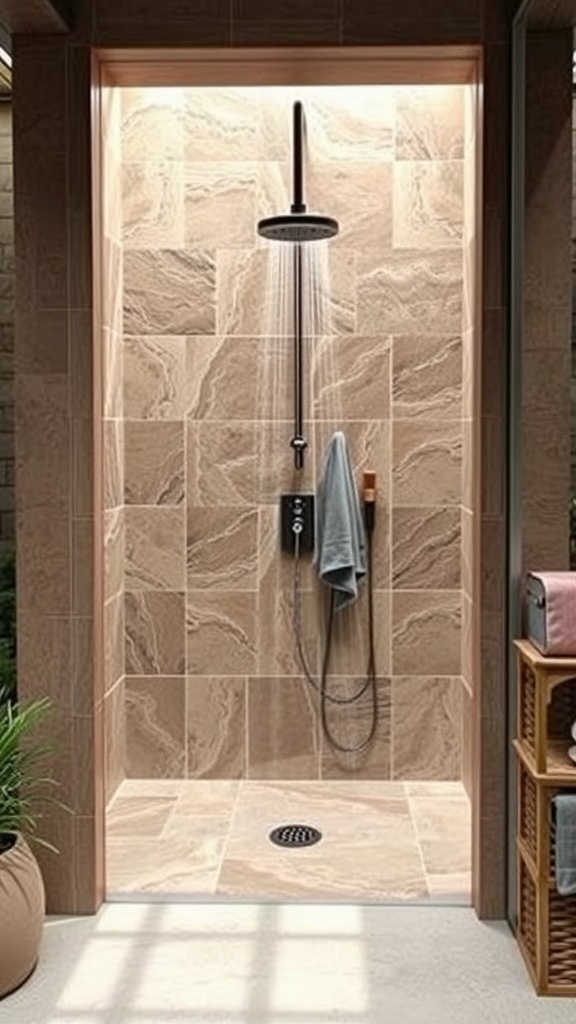 An elegant outdoor stone shower with a rainfall shower head and soft lighting.