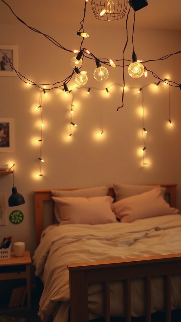 A cozy bedroom with elegant string lights creating a warm atmosphere.