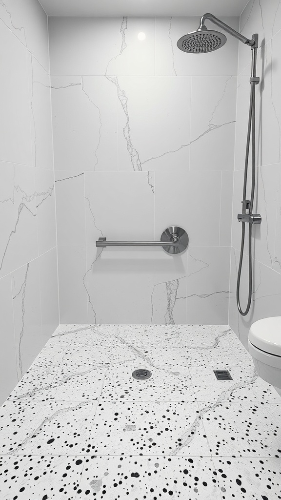 Elegant shower floor with terrazzo tiles featuring white base and black speckles.