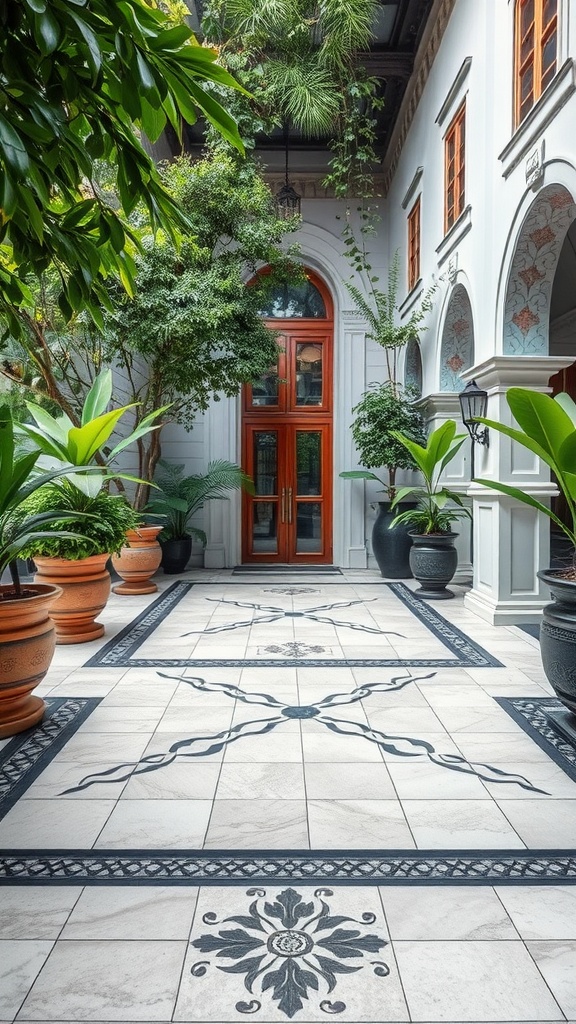 A beautifully tiled pathway surrounded by greenery, showcasing intricate tile designs.