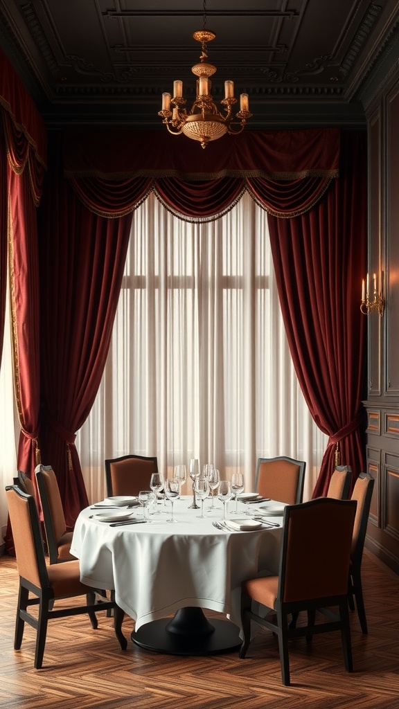 A dining room with elegant red velvet draperies framing large windows, a round table set for dinner, and a chandelier overhead.