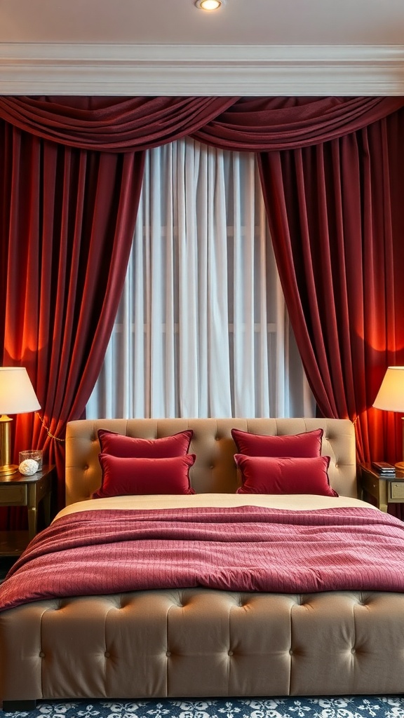 Luxurious bedroom with burgundy velvet drapes and a plush bed