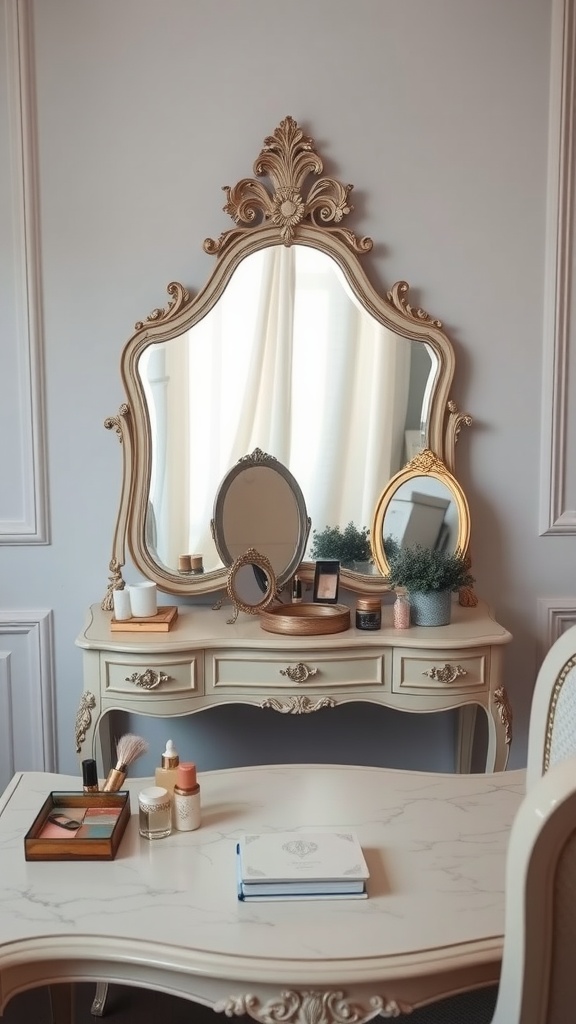 Elegant vintage vanity table with a large ornate mirror, small mirrors, and beauty products arranged neatly.