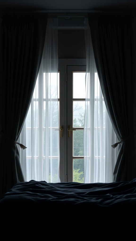 A cozy bedroom with elegant window treatments featuring sheer white curtains and heavy drapes, letting in soft light.
