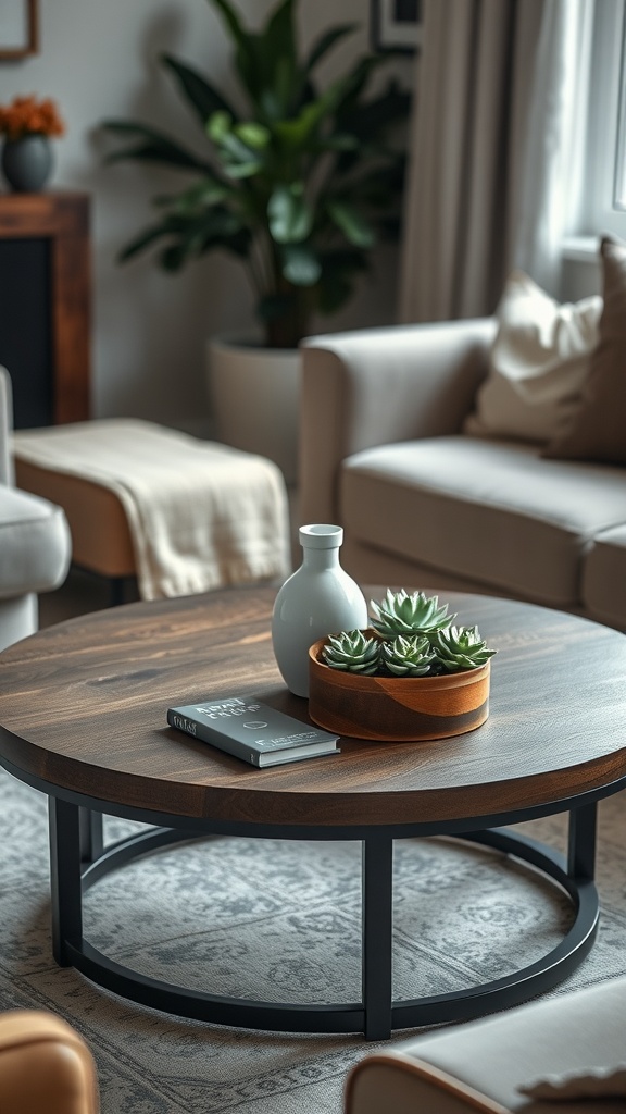 A round coffee table decorated with a white vase, wooden bowl of succulents, and a book.