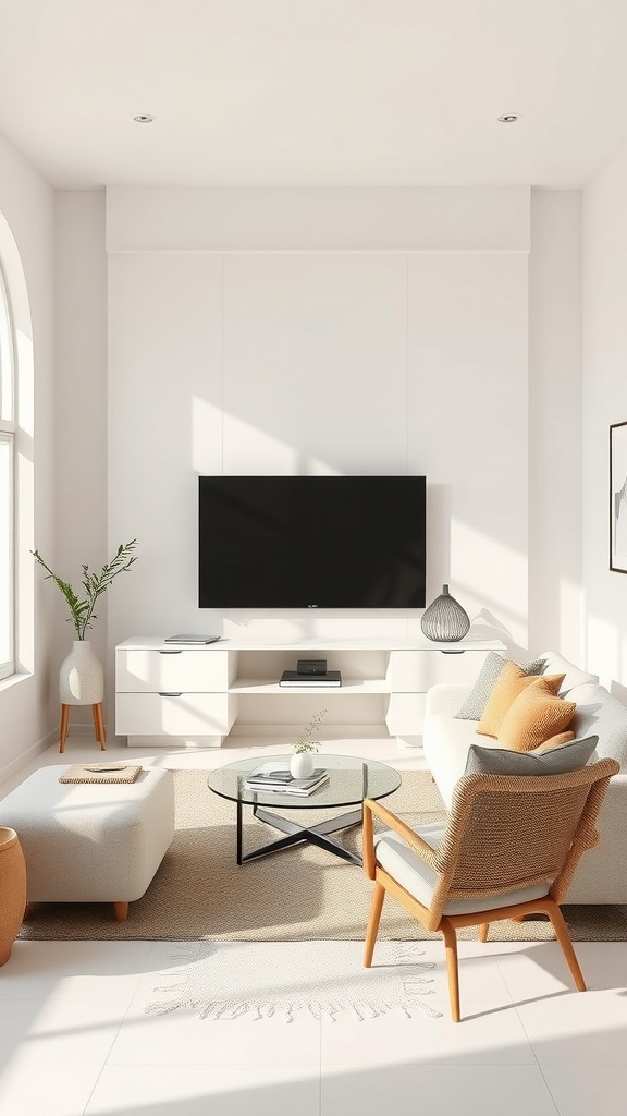 A chic minimalist living room with a neutral color palette, featuring a sofa, coffee table, and decor elements.