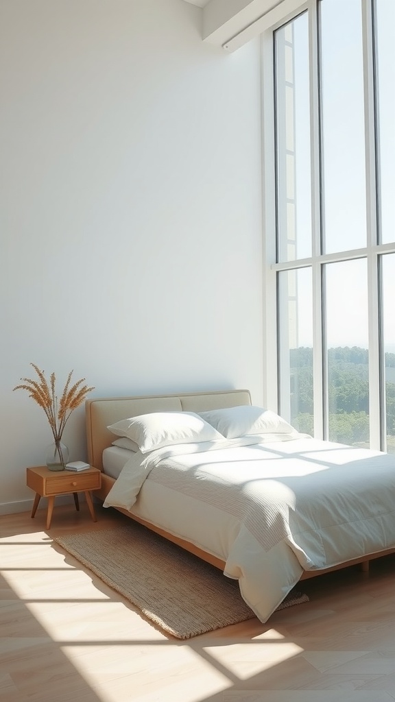 Minimalist bedroom with large windows and natural light