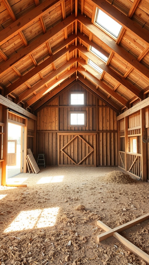Interior view of a barndominium with wooden beams and natural light from windows and skylights