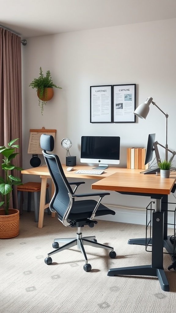 A modern ergonomic home office setup featuring a wooden desk, an adjustable chair, and decorative plants.