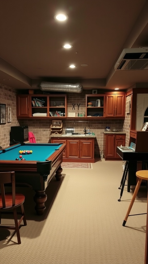 Cozy family game room with a pool table and warm lighting
