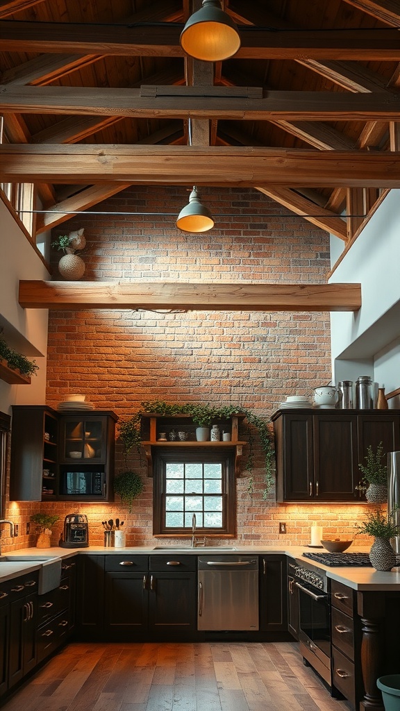 A rustic kitchen featuring exposed wooden beams, dark cabinetry, and a cozy atmosphere.