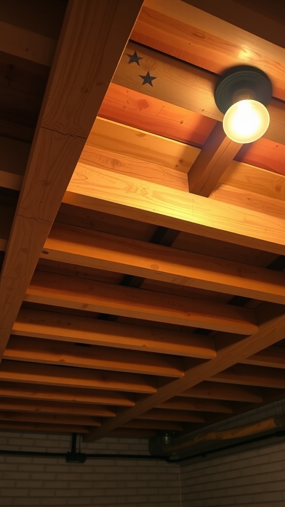 Image showing wooden exposed beams in a basement ceiling with a light fixture