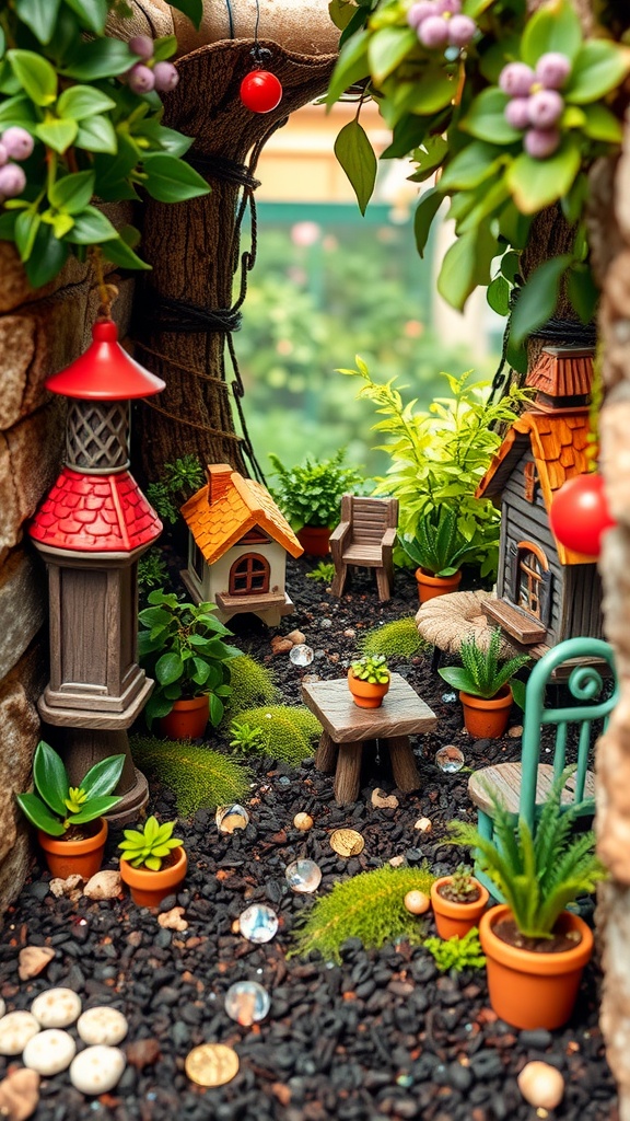 A miniature fairy garden nook with small houses, plants, and decorative stones.