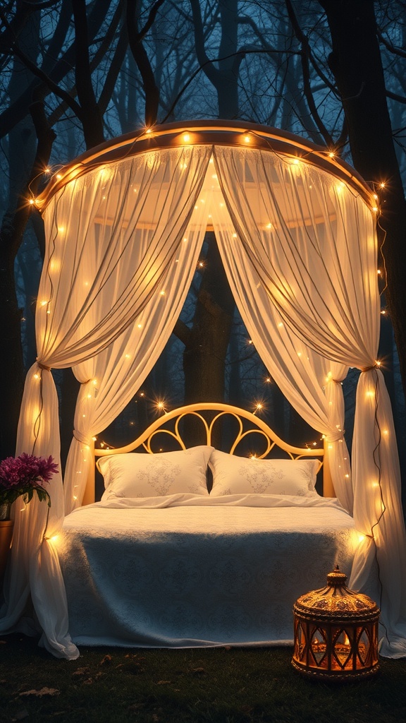 A cozy canopy bed with flowing curtains and fairy lights in a misty forest setting.