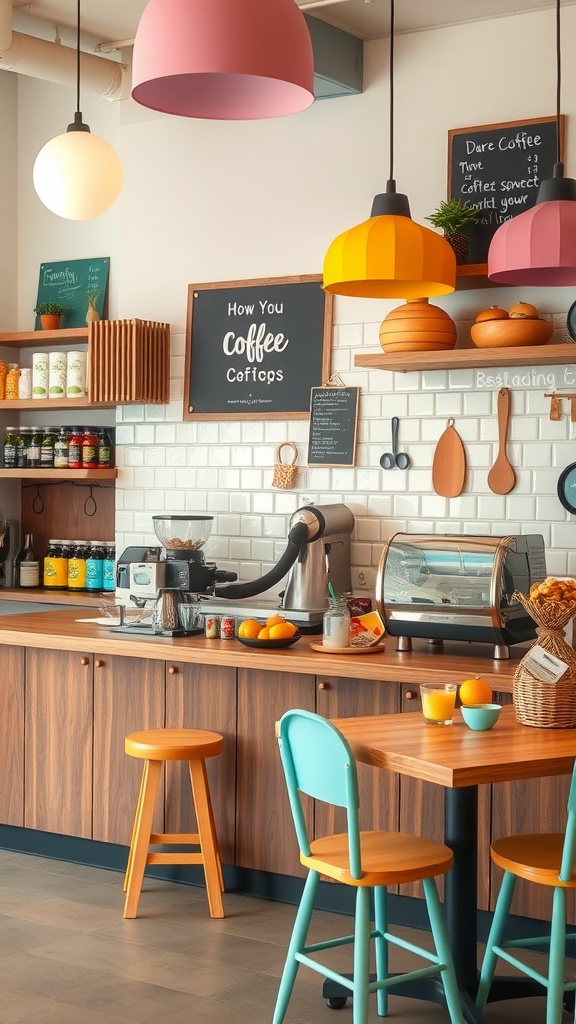 A bright coffee station featuring colorful stools, coffee-making tools, fresh fruits, and inviting decor.