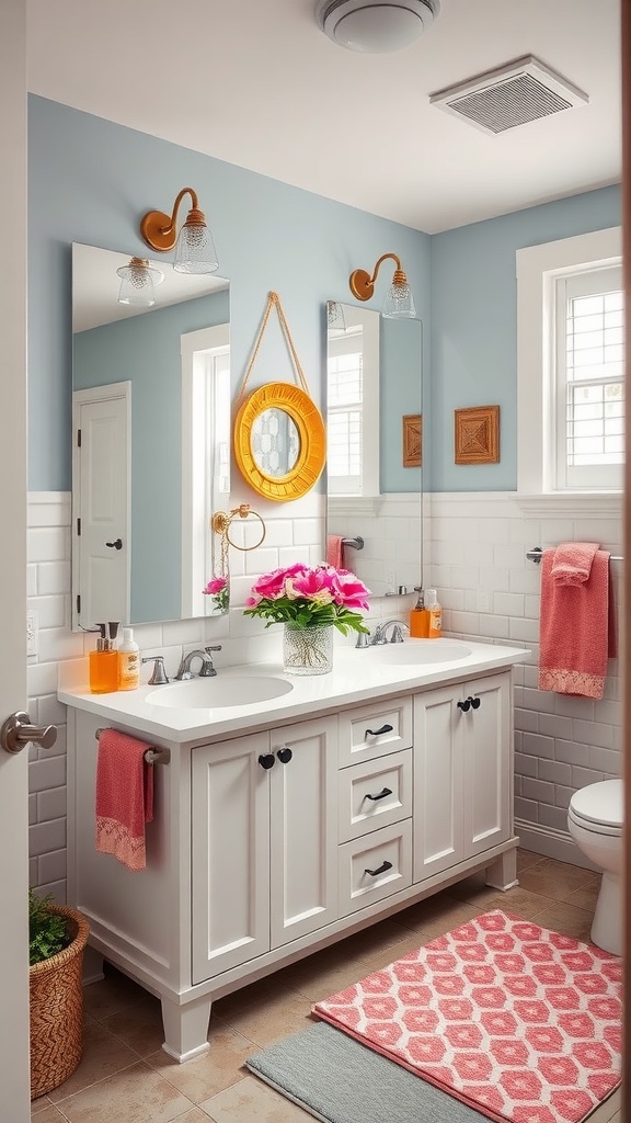 A well-designed family bathroom featuring a white vanity, dual sinks, and colorful accents.
