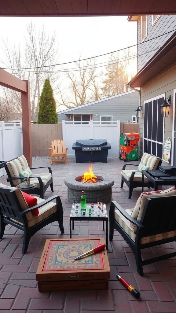 A cozy family-friendly fire pit area with comfortable seating and a warm fire.