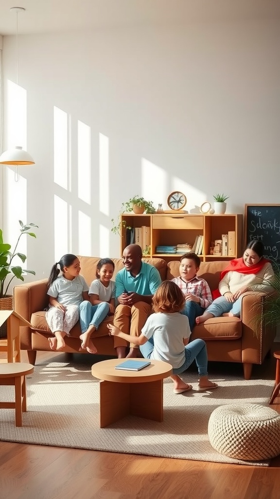 A family gathered in a living room with a brown sofa, sharing moments together.