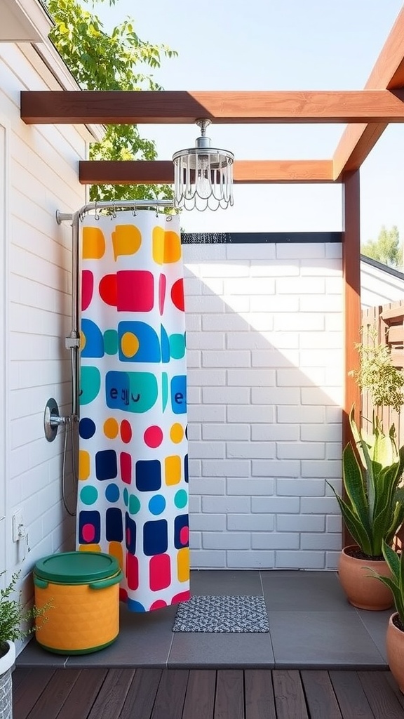 Colorful outdoor shower with a vibrant curtain and surrounding plants