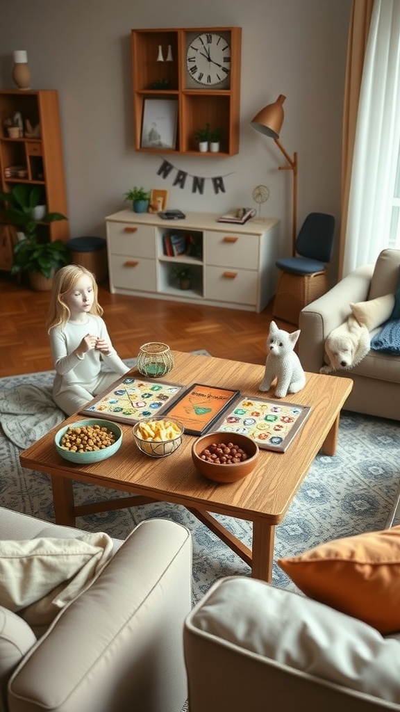A cozy coffee table with games and snacks, featuring a young girl ready to play.