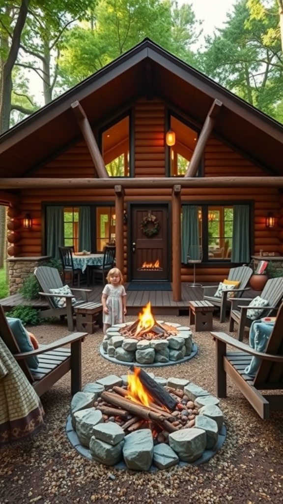 A cozy woodland cabin with two fire pits, surrounded by trees, featuring a child playing in front.