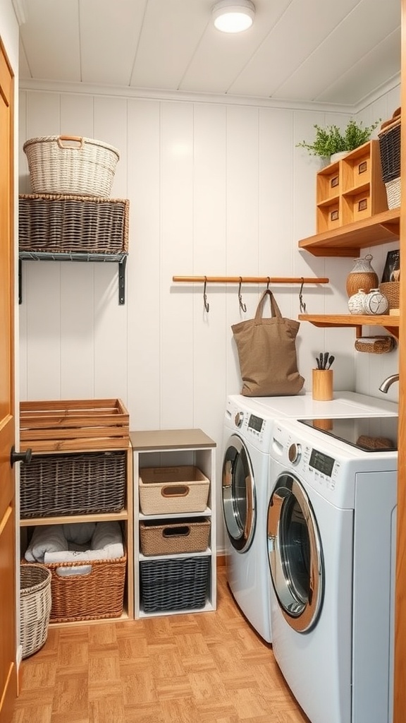 A rustic laundry room featuring farmhouse-style storage solutions with wooden shelves, wicker baskets, and organized laundry supplies.