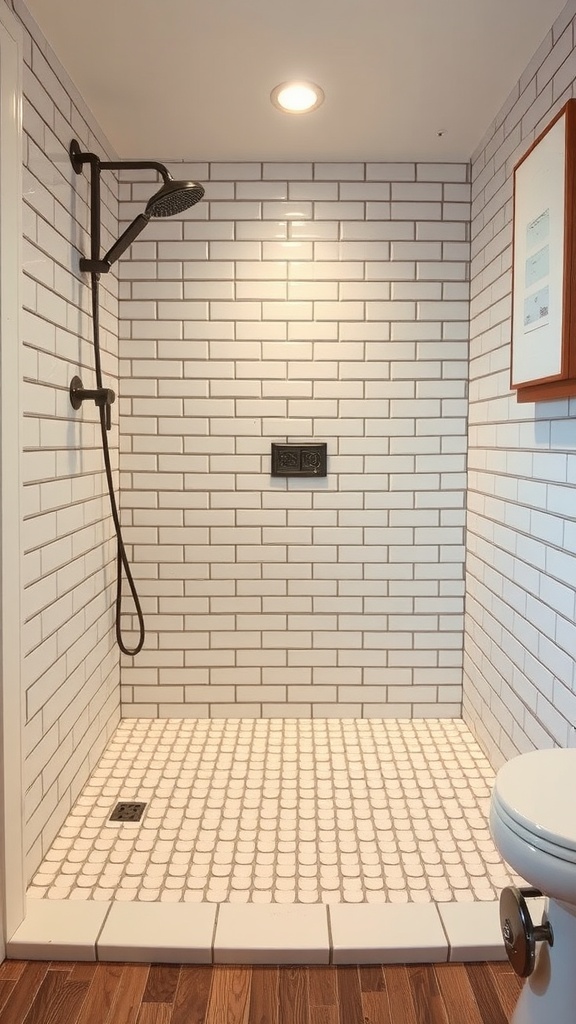 A modern shower with white subway tiles and a unique tile floor pattern.