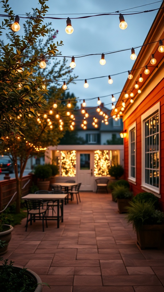 An outdoor patio with string lights, showcasing a warm and inviting atmosphere.