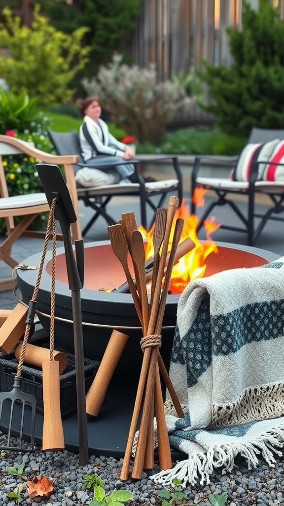 A cozy fire pit setup with wooden cooking utensils, a blanket, and comfortable seating.
