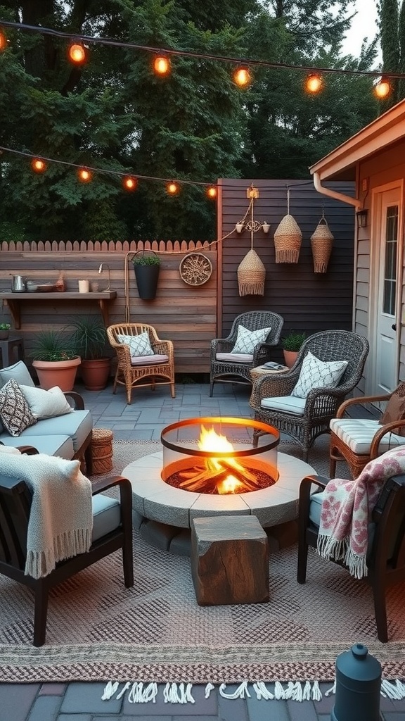 Cozy bohemian patio with a fire pit surrounded by chairs and string lights.