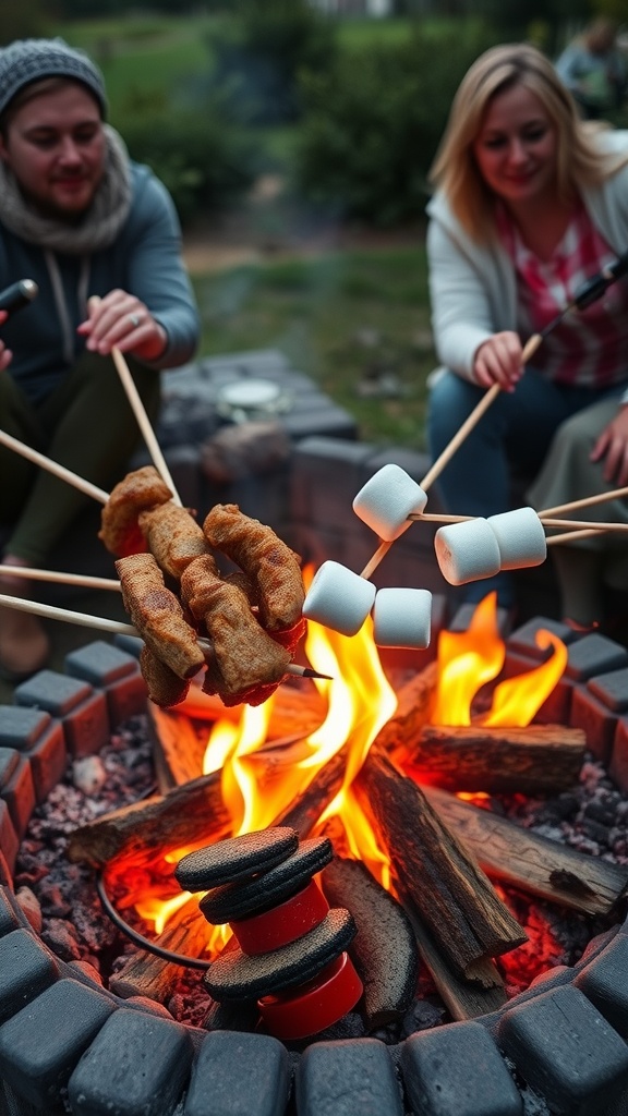 Two friends roasting food over a fire pit, with skewers of meat and marshmallows in front of an open flame.